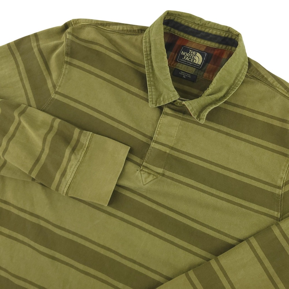 The North Face Polo Rugby Shirt Mens XL Green Stripe Cotton Casual Long Sleeve